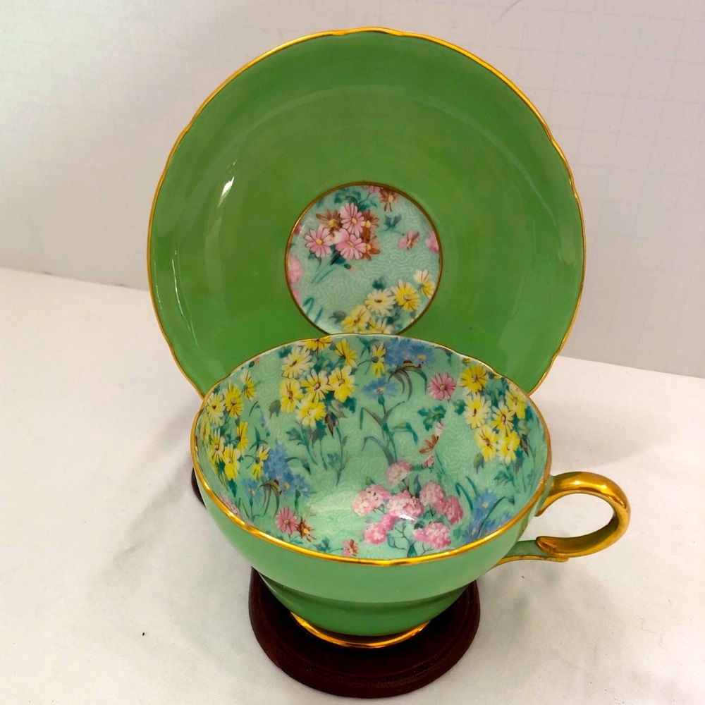 Shelley Chintz Melody Fine Bone China Green Tea Cup Saucer Gold Edge England
